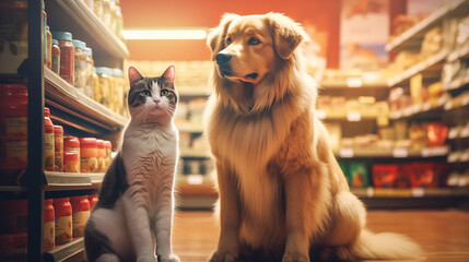 Pet shop, cat and dog in store, animal accessories, happy dog in pet supermarket