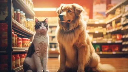 Rolgordijnen Pet shop, cat and dog in store, animal accessories, happy dog in pet supermarket © Nittaya