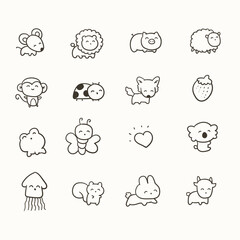 Set of cute animal icons. Vector illustration outline style
