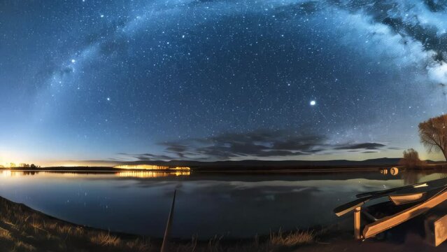 Starry sky glittering above a dark lakeshore before dawn with light appearing on the horizon
