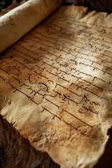 Vintage antique yellowed tattered sheets of parchment with secret writings written in an unknown language