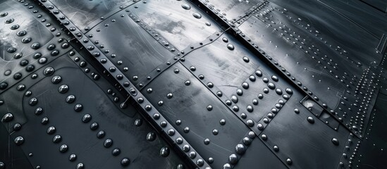 Textured aircraft wing made of metal sheets and bolts. - obrazy, fototapety, plakaty