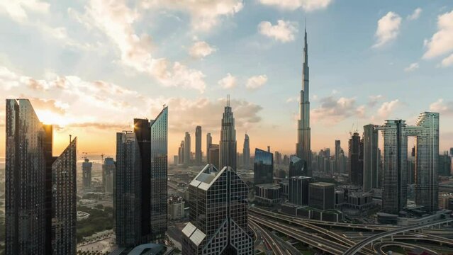 High Angle View of Dubai Skyline at Sunrise _ Dubai, UAE.