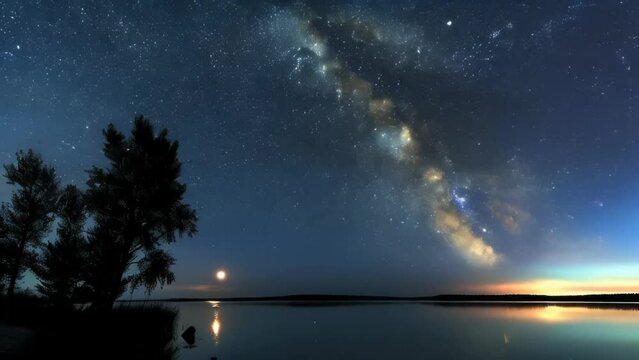 Starry sky glittering above a dark lakeshore before dawn with light appearing on the horizon
