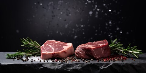 a piece of fresh meat on a table with a black background, high quality and hygienic beef - obrazy, fototapety, plakaty