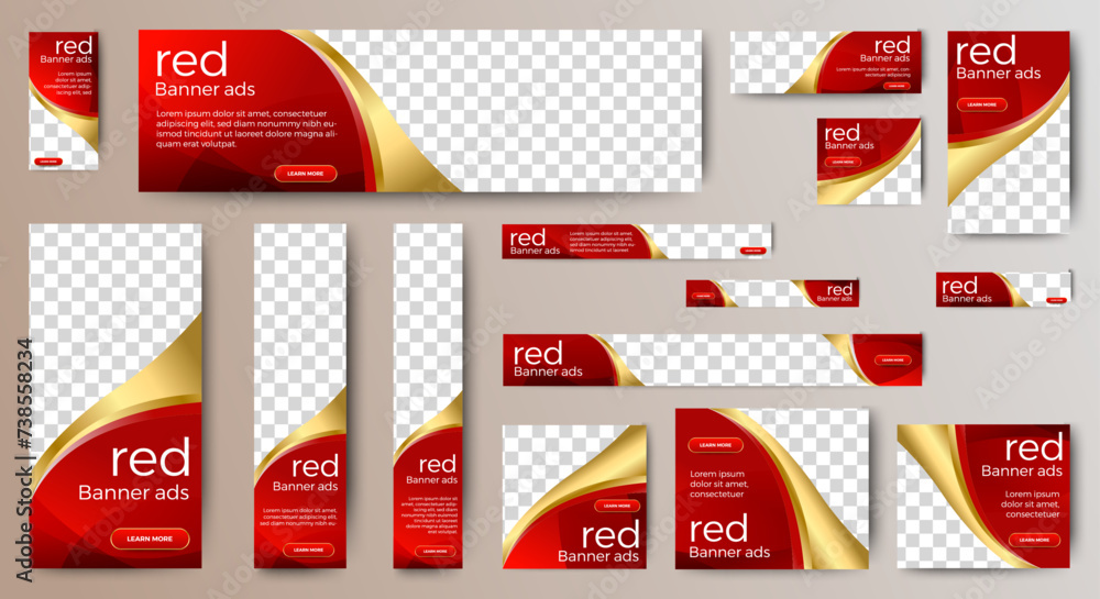 Aufkleber set of red and gold web advertising banner template design. modern web layout set with standard size