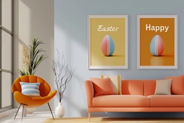 A minimalist vector poster set for Easter featuring a simple "Happy Easter" message and 3D egg prints in bold, contrasting colors, conveying a modern and stylish aesthetic