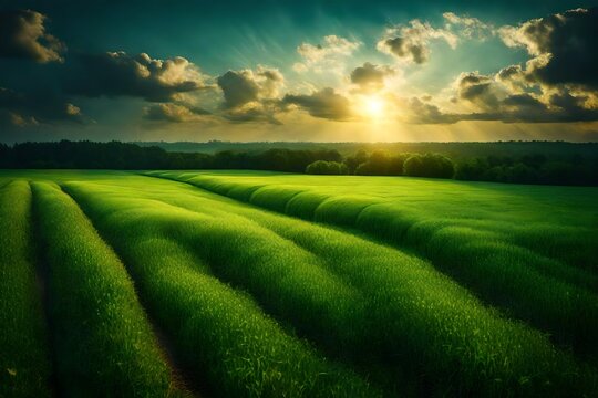 Green field under blue sky in evening time