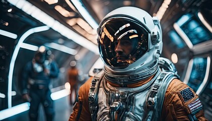 spaceship and astronaut, astronaut in action, daring astronaut, space suit and helmet, standing in front of futuristic spaceship - obrazy, fototapety, plakaty