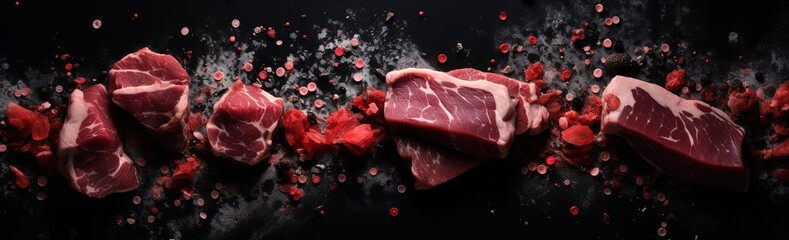 Slices of beef on a fresh red table, processed grilled meat and so there is empty space for text, greetings, wallpaper, posters, advertisements, etc. - obrazy, fototapety, plakaty