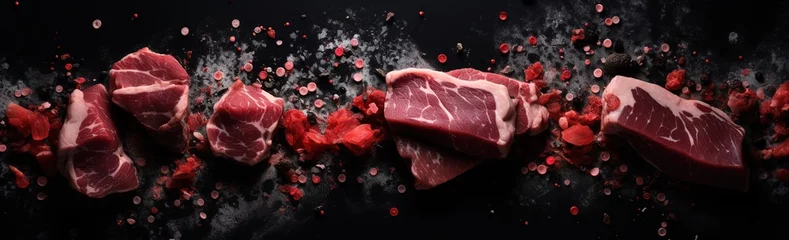 Fotobehang Slices of beef on a fresh red table, processed grilled meat and so there is empty space for text, greetings, wallpaper, posters, advertisements, etc. © candra