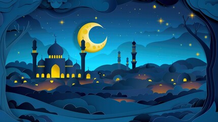 Paper cut mosque with crescent moon at night. Ramadan Kareem festival concept
