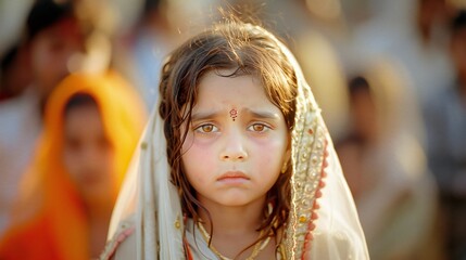 Silent Grief: Blurred onlookers fail to perceive the grief hidden in a child bride's eyes.