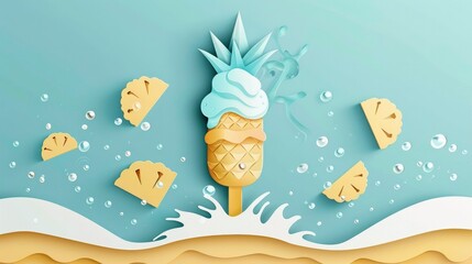 Paper cut pineapple with sea water splashin - obrazy, fototapety, plakaty