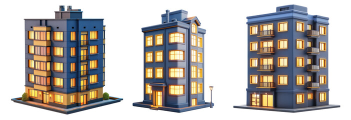 model of apartment 3d icon clay icon dark blue and warm yellow colors glowing windows on...