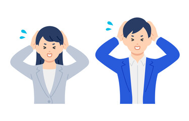 頭を抱えて困るポーズをするビジネスパーソン男女のセット【人物ベクターイラスト素材】