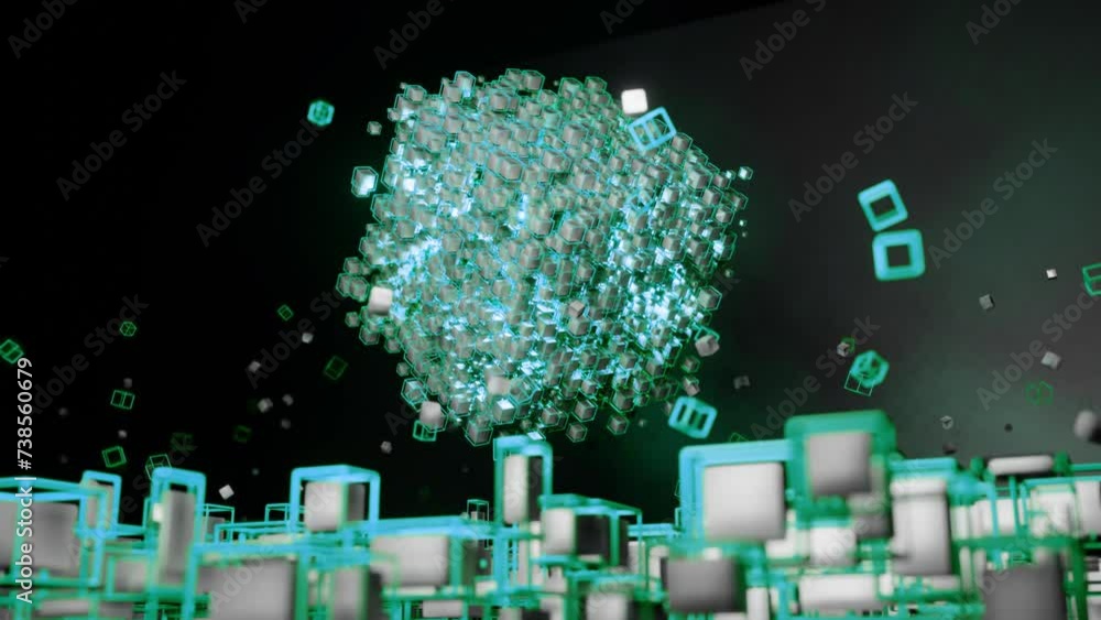 Poster 4k video animation of abstract sci-fi large cube made with sets of cubes and blue frame cinematic mo