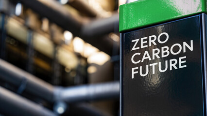 Zero Carbon Future on a sign in front of an Industrial building	