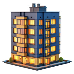 model of apartment 3d icon clay icon dark blue and warm yellow colors glowing windows on transparency background PNG