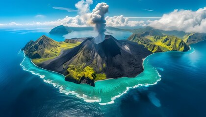 island volcano eruption tropical aerial view  