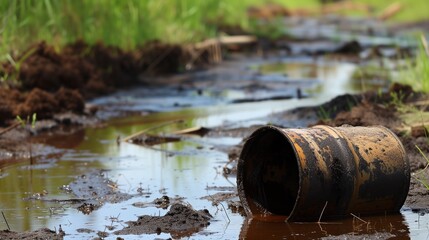Environmental concern depicted by an image of a rusty oil drum lying on its side, leaking into a muddy puddle in a natural setting.