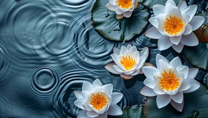 white water lily's with yellow center on pond with ripples green lily pads blooming flowers  - obrazy, fototapety, plakaty