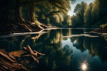 Beautiful landscape of the river with reflections of wood and clouds in water - obrazy, fototapety, plakaty