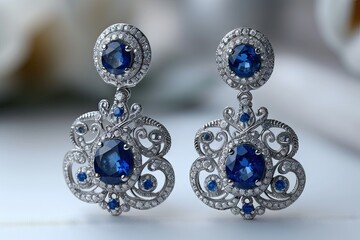 Pair of sapphire earrings isolated on white, blue and white stone earring