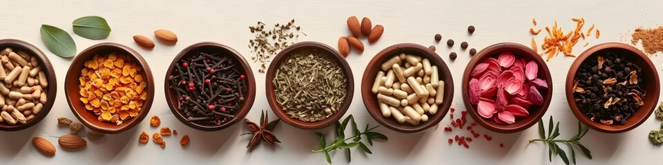 Top view of a plate filled variety of spices and natural herbs supplements health food on rustic table.
