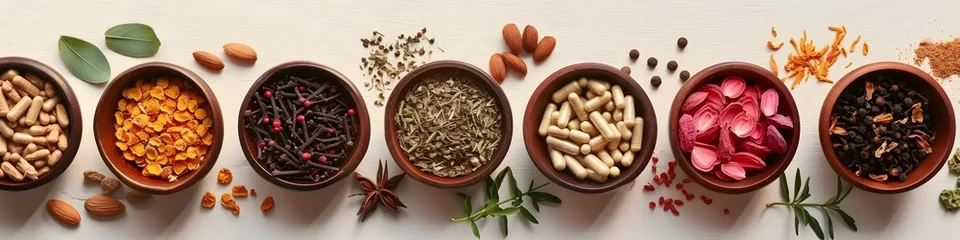Deurstickers Top view of a plate filled variety of spices and natural herbs supplements health food on rustic table. © Arexcrions