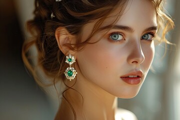 Beautiful woman with earrings, Model shows earrings with beautiful blue precious stones