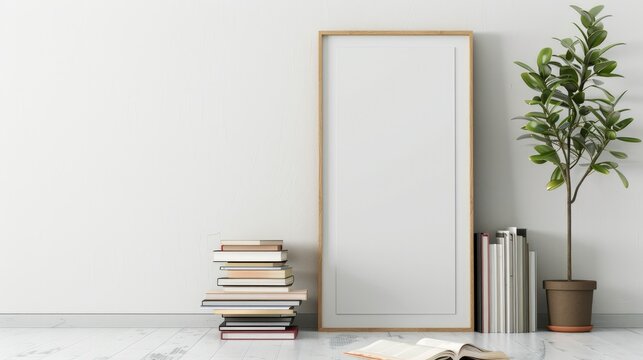 Wooden frame mockup in scandi-inspired interior with green plant and books