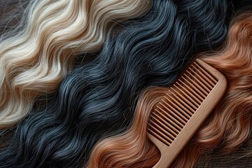 Wooden comb with multicolored hair on table - obrazy, fototapety, plakaty