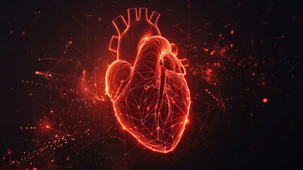 human heart with light grids symbolizing the complexity of cardiovascular health, nerve connections, impulses and nerve endings on a dark background