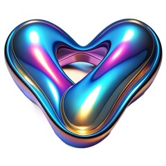 Iridescent heart-shaped object with a metallic sheen. The image features a glossy, holographic heart floating against a dark background, ideal for themes of love and futuristic design.