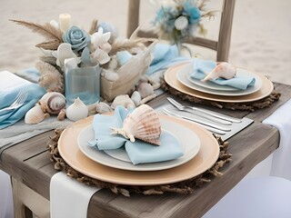Coastal Serenity: Designing a Close-Up View of a Beach Wedding Table with Seashells, Driftwood, and Pastel Linens, generative AI