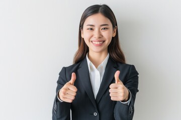 親指を立てた日本人の女性会社員（白背景・スーツ・笑顔）