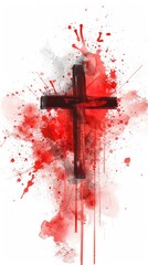 Watercolor Red Christian Cross Isolated on White Background