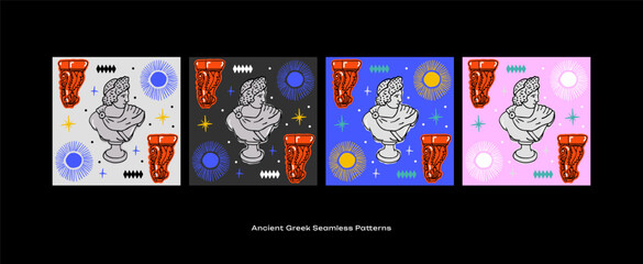 Ancient Greek Hand drawn Seamless Pattern Set with sculptures and columns