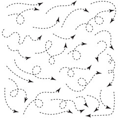 Curved dotted arrow. Zigzag arrow stripes design with dotted lines. Hand drawn curve dotted line arrow vector set