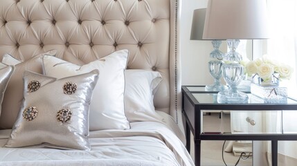 Minimalist Bedroom with Tufted Headboard and Mirrored Bedside Table