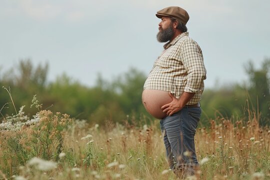 Side Profile View Of Fat Surprised Pudge Obese Thick Chubby Overweight Bearded Man In The Garden Area