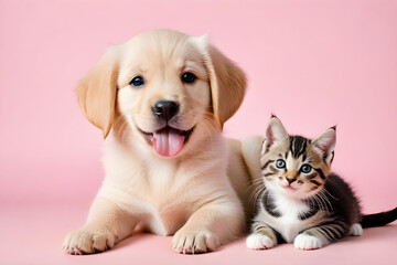 A puppy and a kitten smiling affectionately. Generative AI
