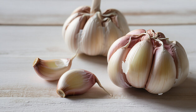Food photograph of garlic and garlic cloves on white wooden table with natural light, selected focus