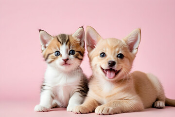 A puppy and a kitten smiling affectionately. Generative AI