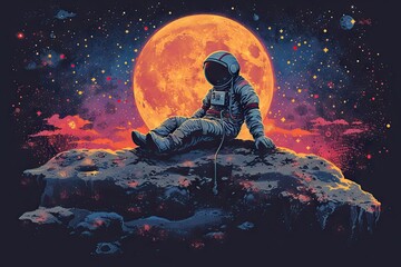 A astronaut is sitting on a stone looking far over the planet - obrazy, fototapety, plakaty