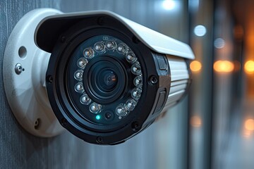Urban surveillance camera watching over rainy city street - obrazy, fototapety, plakaty