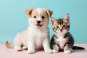 Fototapeta na wymiar A puppy and a kitten smiling affectionately. Generative AI