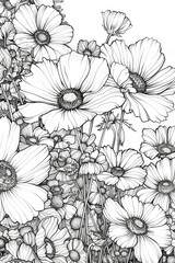 A beautiful cosmos flower garden black thick line scene isolated on a white background