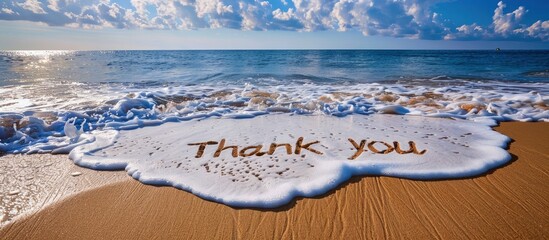 Seaside Gratitude, Thank You Written in the Sand, a Heartfelt Expression on a Beautiful Beach